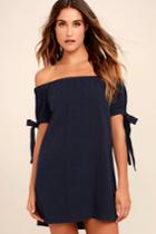 Al Fresco Evenings Navy Blue Off-the-shoulder Dress | Lulus