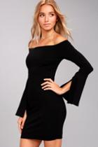 Lulus | Marseille Black Off-the-shoulder Long Sleeve Bodycon Dress | Size Large | 100% Polyester