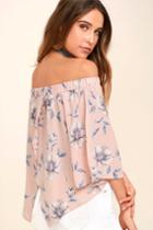Lulus | Light Of Dawn Blush Pink Floral Print Off-the-shoulder Top | Size X-large | 100% Polyester