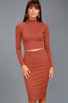 Lulus | My Way Rusty Rose Two-piece Long Sleeve Dress | Size Medium | Red