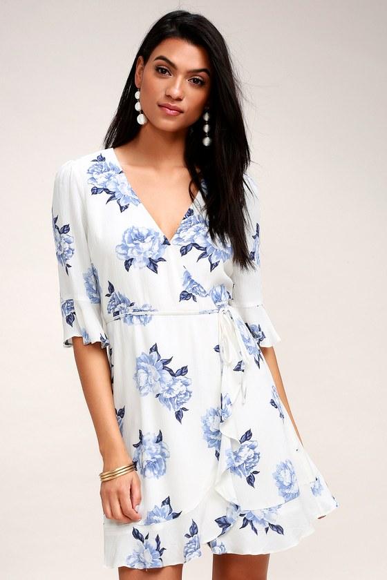 Pretty Peony Blue And White Floral Print Wrap Dress | Lulus
