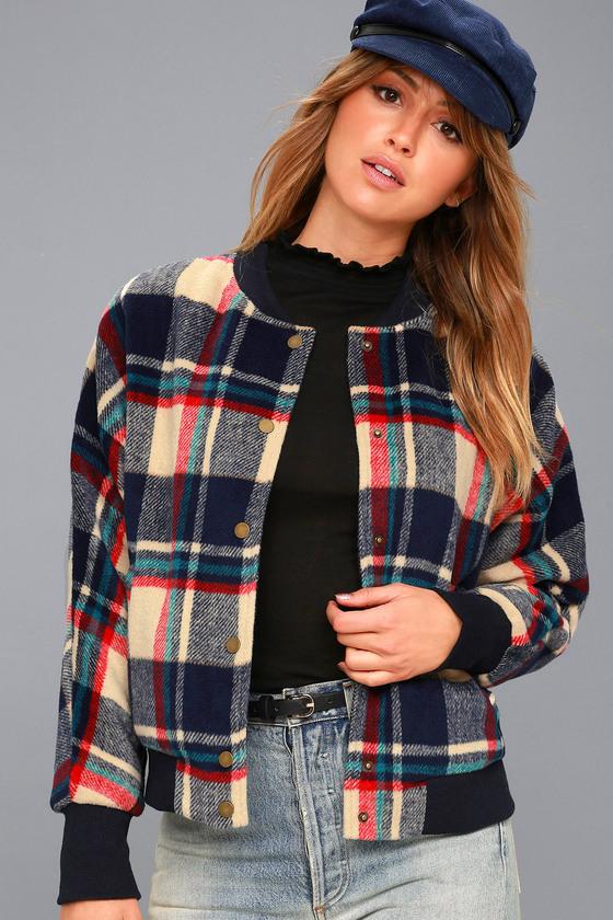 Lulus | Corvallis Beige And Navy Blue Plaid Bomber Jacket | Size Large | 100% Polyester
