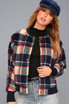 Lulus | Corvallis Beige And Navy Blue Plaid Bomber Jacket | Size Large | 100% Polyester