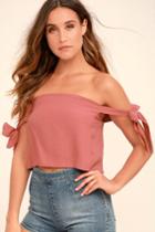 Lulus | That's The Ticket Rusty Rose Off-the-shoulder Crop Top | Size Large | Pink | 100% Rayon
