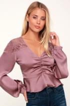 Renna Lavender Lace Long Sleeve Ruched Top | Lulus