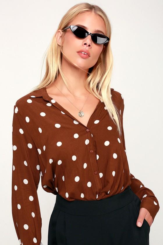 Lush Jayda Brown Polka Dot Long Sleeve Top | Lulus