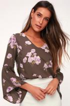 Abbey Taupe Floral Print Flounce Sleeve Top | Lulus
