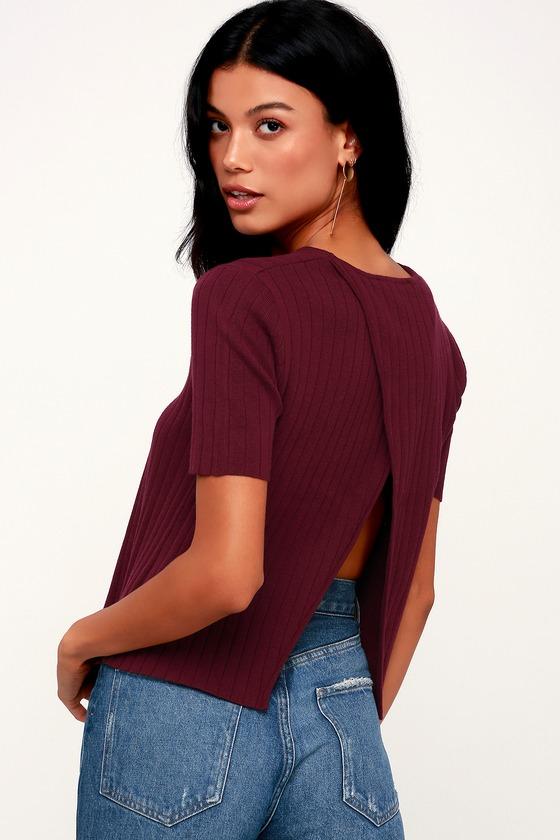 Casual Aesthetic Burgundy Ribbed Knit Split Back Sweater Top | Lulus