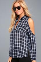Lulus | To The Beat Navy Blue Plaid Cold-shoulder Top | Size Large | 100% Rayon
