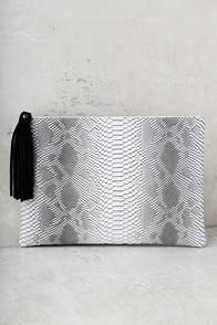 Lulus Sultry Sidewinder Grey Snake Print Clutch