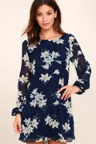 Lulus This Time Around Navy Blue Floral Print Long Sleeve Shift Dress
