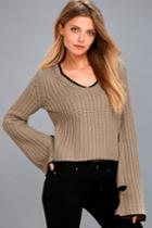 Lulus | Verses From The Heart Taupe Bell Sleeve Knit Sweater | Size Large | Brown