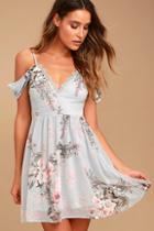 Lulus Verona Light Blue Floral Print Off-the-shoulder Lace Dress