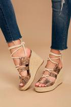 Glamorous Zelda Rose Gold Snake Lace-up Espadrille Wedges