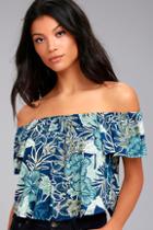 Lulus Tiki For Two Navy Blue Print Off-the-shoulder Top