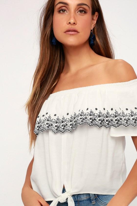 Black Swan Catia White Off-the-shoulder Embroidered Tie-front Top | Lulus