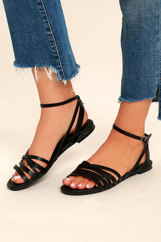 Breckelle's | Zoila Black Ankle Strap Flat Sandal Heels | Size 6 | Vegan Friendly | Lulus