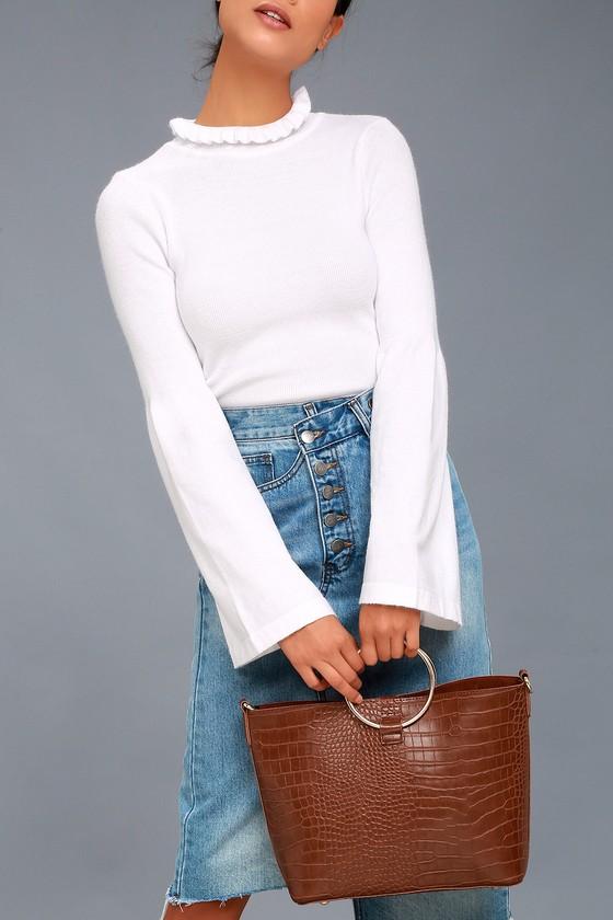 Lulus | Gimme A Ring Brown Crocodile Embossed Ring Handle Tote Bag | Vegan Friendly