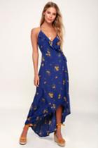 Lucy Love Alter Your Mood Royal Blue Floral Print High-low Wrap Dress | Lulus