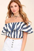 Lulus Venice Nights Blue And White Striped Off-the-shoulder Crop Top