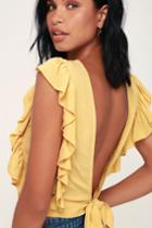 Amuse Society Go West Pale Yellow Ruffled Backless Crop Top | Lulus