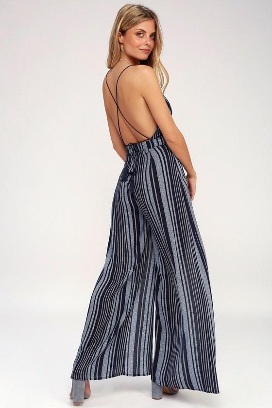 Suncrest Navy Blue Striped Backless Wide-leg Jumpsuit | Lulus