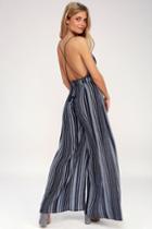 Suncrest Navy Blue Striped Backless Wide-leg Jumpsuit | Lulus