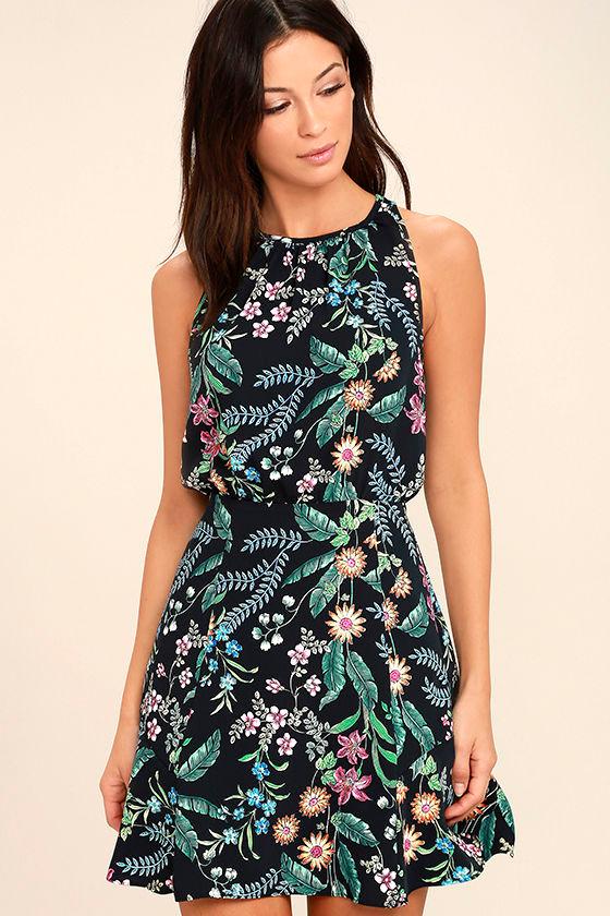 Lulus | Take Me Oasis Black Floral Print Skater Dress | Size Small | 100% Polyester