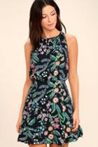 Lulus | Take Me Oasis Black Floral Print Skater Dress | Size Small | 100% Polyester