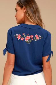 Lush Awesome Blossom Navy Blue Embroidered Crop Top