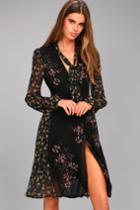Astr The Label Astr The Label Tyra Black Floral Print Long Sleeve Wrap Dress | Size Large | 100% Polyester | Lulus