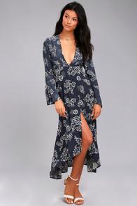 Faithfull The Brand Carioca Navy Blue Floral Print Wrap Dress