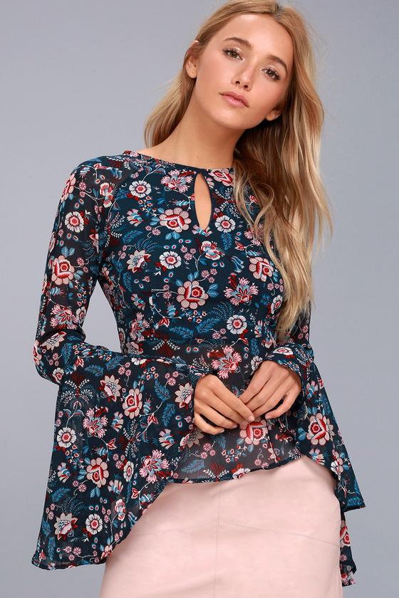 Odine Navy Blue Floral Print Long Sleeve Top | Lulus