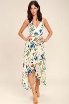 Lulus | Something To Believe In Ivory Floral Print Wrap Dress | Size X-large | White | 100% Rayon