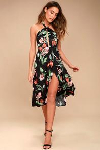 Astr The Label Luciana Black Floral Print Wrap Midi Dress