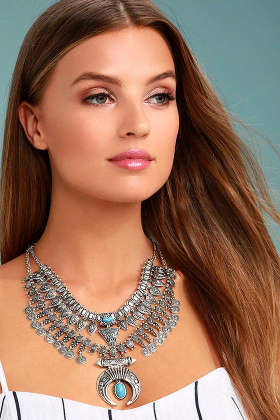 Lulus | Entranced By You Turquoise And Silver Layered Statement Necklace