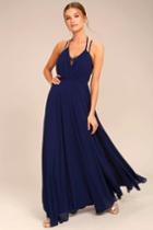 Lulus | Celebrate The Moment Navy Blue Lace Maxi Dress | Size Large | 100% Polyester
