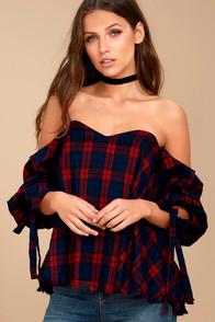 Lulus Score Keeper Red And Navy Blue Plaid Off-the-shoulder Top