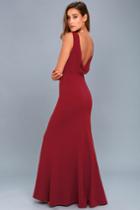 Lulus | Into The Night Wine Red Backless Maxi Dress | Size Large | 100% Polyester