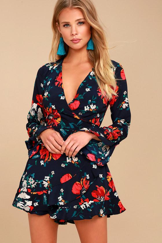 Lush | Dear To My Heart Navy Blue Floral Print Long Sleeve Romper | Size Medium | 100% Polyester | Lulus