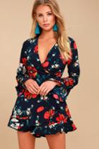 Lush | Dear To My Heart Navy Blue Floral Print Long Sleeve Romper | Size Medium | 100% Polyester | Lulus