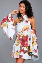 C/meo Fusion Light Blue Floral Print Off-the-shoulder Mini Dress
