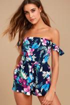 Lulus | Majorca Navy Blue Floral Print Off-the-shoulder Romper | Size X-large | 100% Rayon