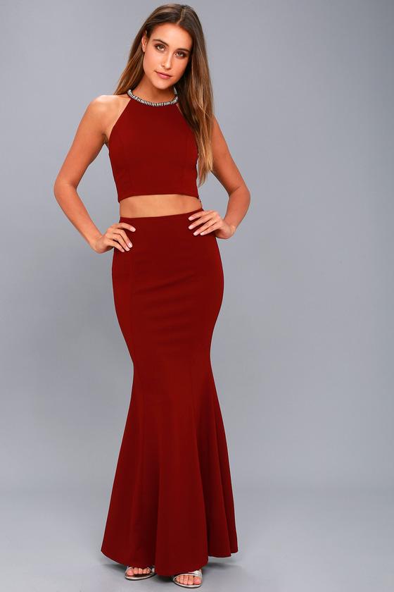 Lulus | Shining Example Wine Red Rhinestone Two-piece Maxi Dress | Size Medium | 100% Polyester