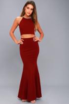 Lulus | Shining Example Wine Red Rhinestone Two-piece Maxi Dress | Size Medium | 100% Polyester