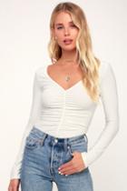 Weekend Muse White Long Sleeve Ruched Top | Lulus