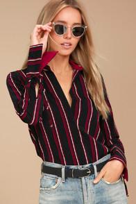 Evidnt Liz Black Striped Tie-cuff Long Sleeve Top