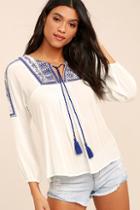 Lulus Smiling Eyes Blue And White Embroidered Top