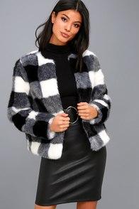 Lost Ink Heart Of The City Black And White Checkered Faux Fur Jacket