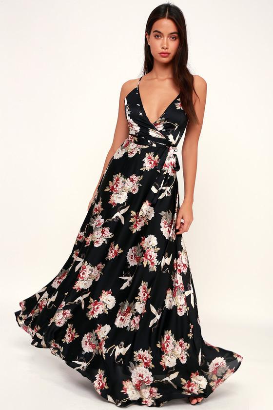 Save Me A Dance Black Print Satin Maxi Dress | Lulus